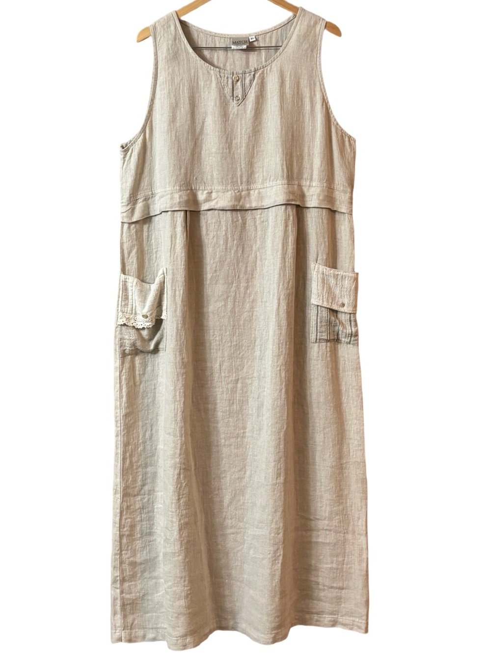 Vintage Sleeveless Beige 100% Linen Maxi Dress with Pockets Made in the USA